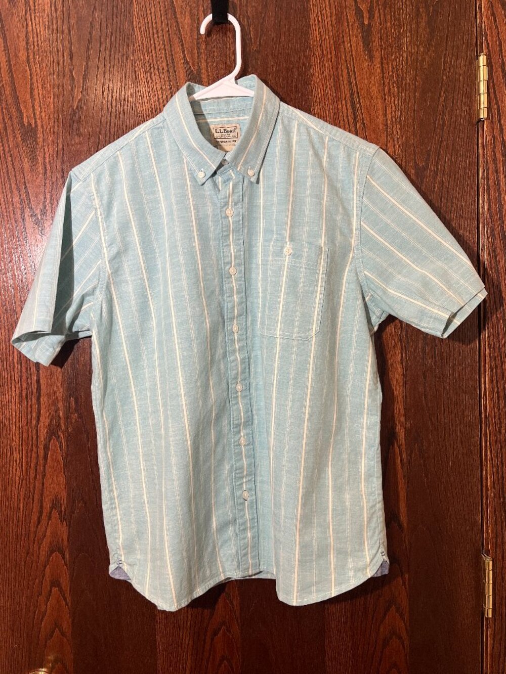 L.L. Bean Men's Comfort Stretch Chambray Shirt, blue striped, size S-Reg